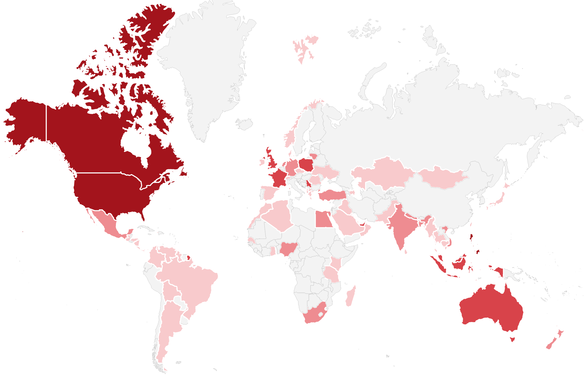 World map of the countries where SEOUL4PM buyers have placed orders, shaded darker by order volume